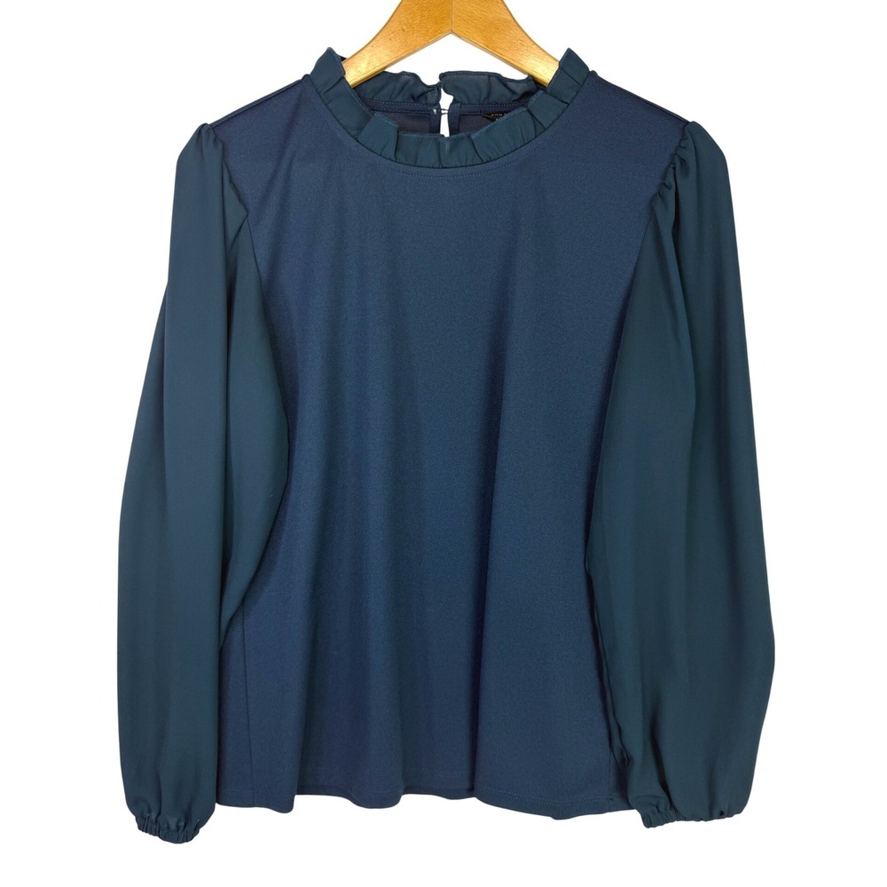 Ann Taylor Mixed Media Ruffle Neck Blouse Teal Blue Long Sleeve Top Women Medium